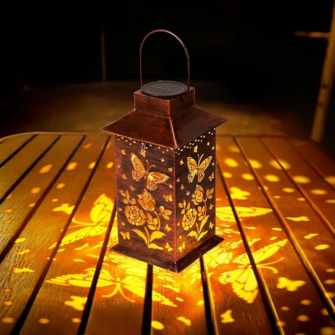 Homemory Butterfly Solar Lanterns Waterproof, Metal Hanging Hollowed-Out Metal Decor Lantern, LED Outdoor Decoration for Outside LED Lanternse for Yard, Backyard, Porch, Lawn