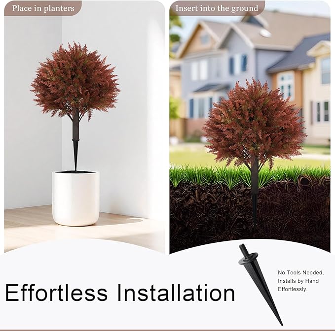 24" Artificial Cedar Topiary Ball Bushes, Set of 2 UV Resistant Fake Trees Outdoor Shrubs with Stake, Weatherproof Faux Plants for Planter, Front Porch, Garden, Yard, Patio Fall Decor