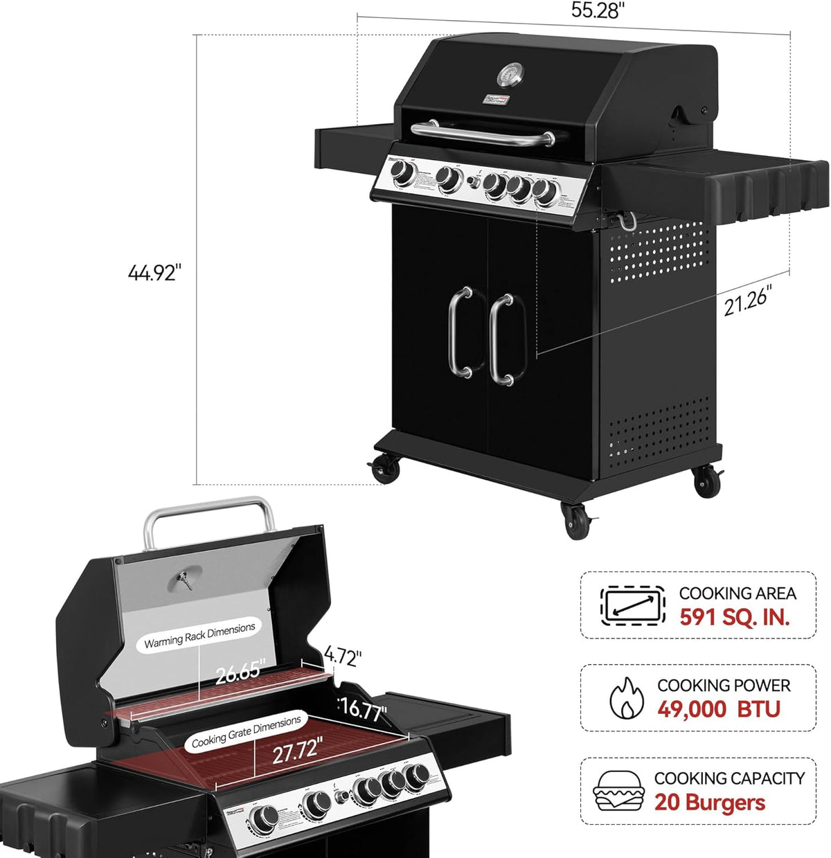 Royal Gourmet SG5003H 4 Burner Propane Gas Grill with Side Burner & Warming Rack, Cabinet Style Gas Grill with 49,000 BTUs Output for Outdoor Patio Garden Backyard Cooking, Black