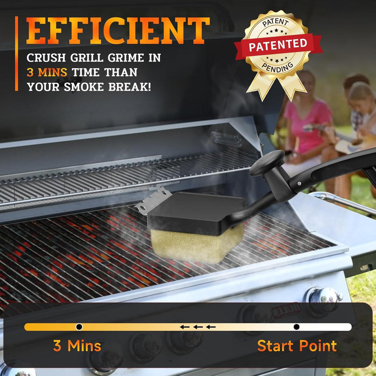 Bristle-Free Pro Grill Brush | Steam Clean Cast Iron & Stainless Grates in 180 Sec | Heavy-Duty Outdoor BBQ Tool for Men - Instant Clean, Black