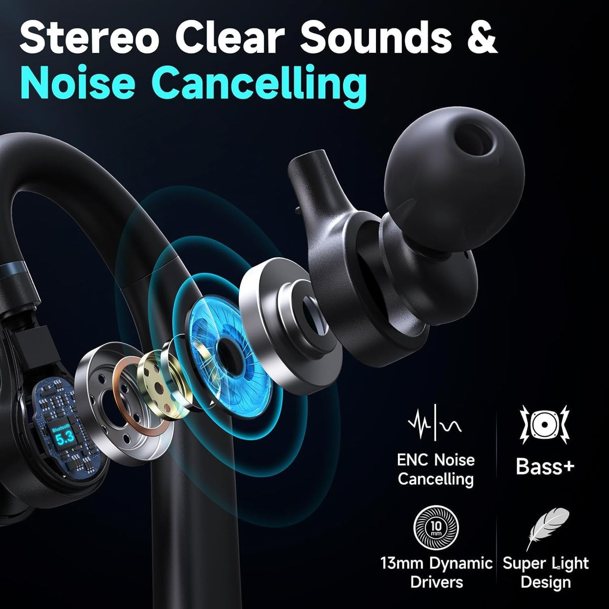 Bluetooth Headset Wireless Earpiece 60Hrs Playback Built-in Dual Mic Noise Canceling Wireless Headset Earphone with 400mAh LED Charging Case for Business Office Trucker (Black)