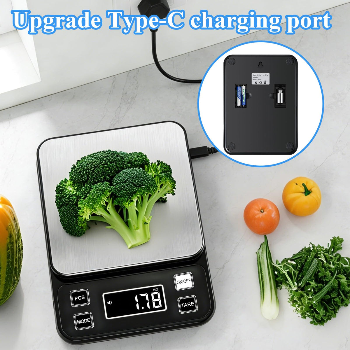 IP67 Waterproof Digital Kitchen Scal 10kg/0.1g High Precision Food Scale with Type-C Rechargeable 304 Stainless Steel Platform Tare & Counting Function for Baking Cooking Meal Prep
