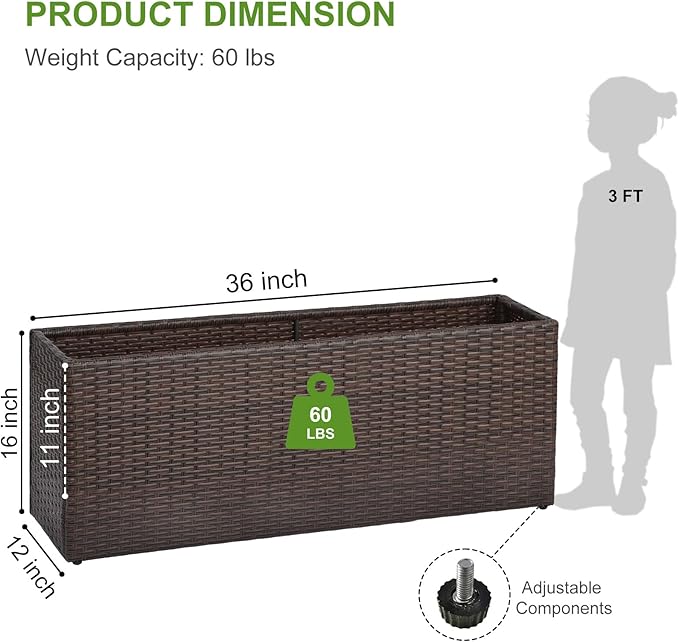 LEWIS&WAYNE Large Rectangular Block Planter Box Handmade Wicker Tall Planters for Outdoor Plants with Removable Liners Modern Planter for Indoor Outdoor Patio Deck - Brown, 36''x12''x16''