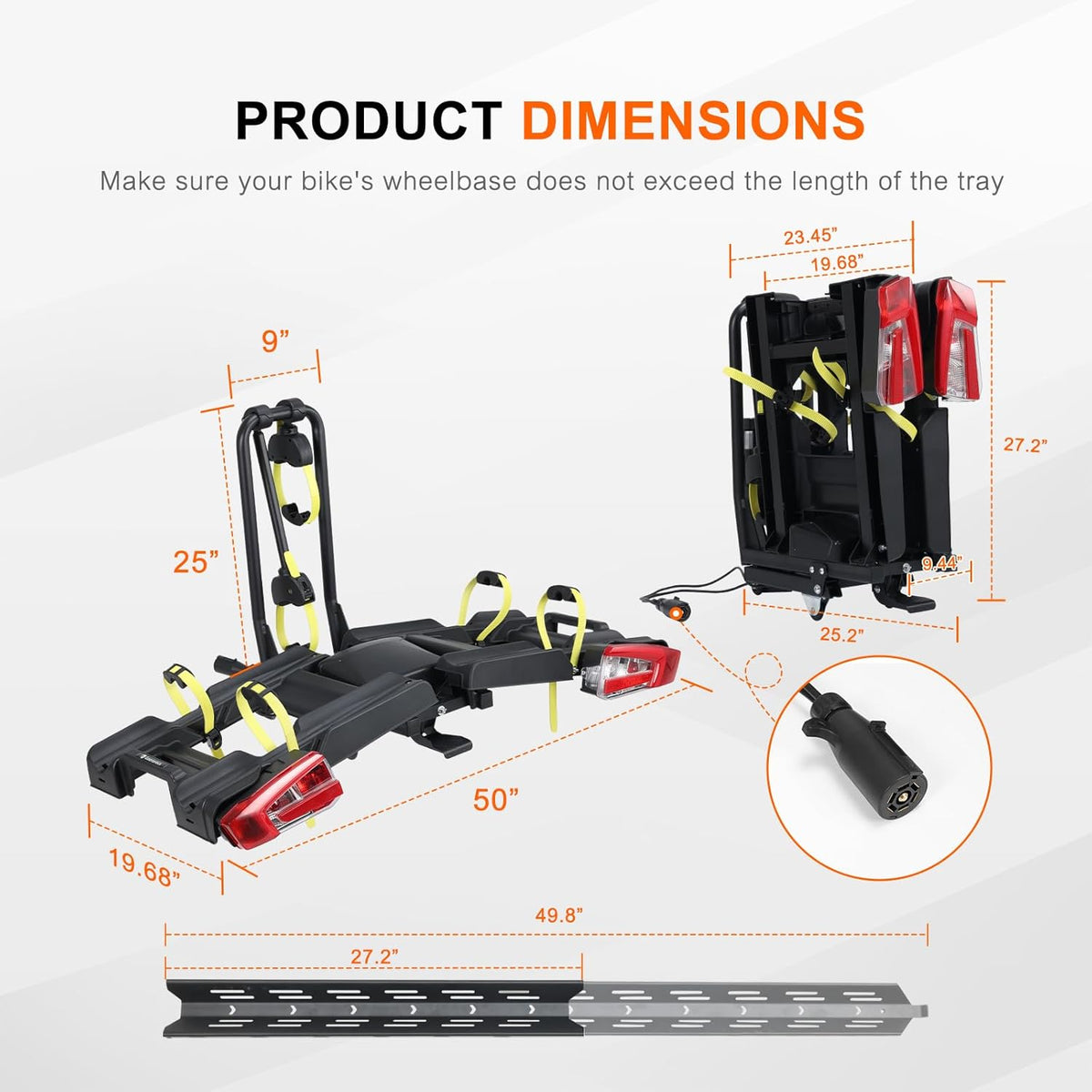 2 E-Bike Foldable Hitch Mount Bike Rack with Light for 2" Receiver SUV & Trucks, Up to 4'' Fat Tire, Lockable Hitch Racks for E-Bike with Ramp and Wheels, 180 LBS Capacity