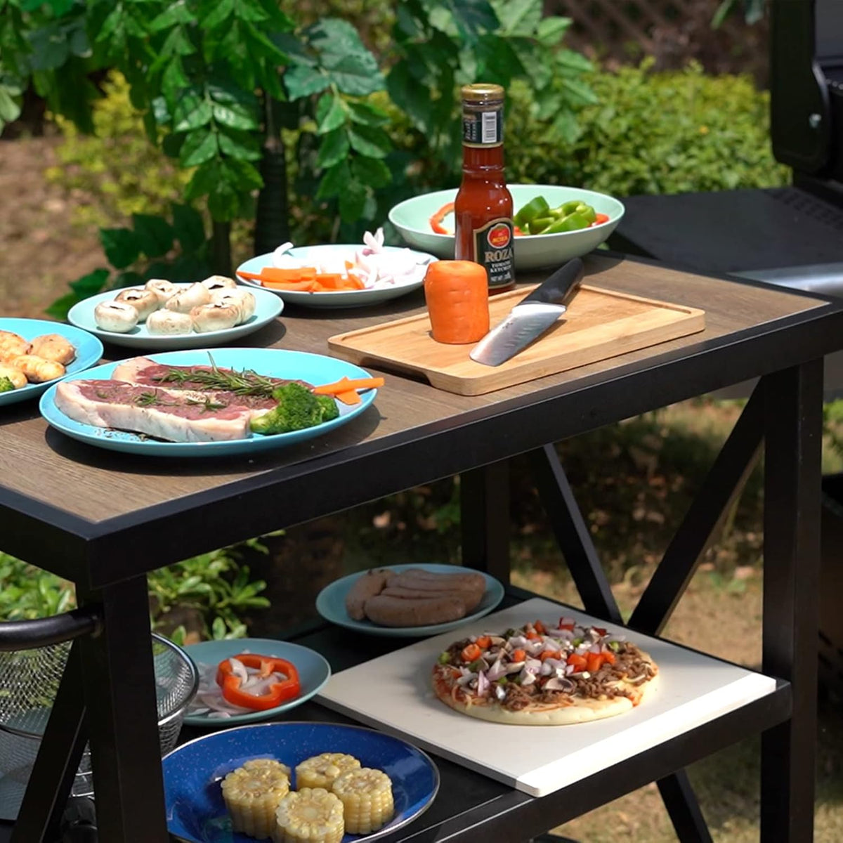 PHI VILLA Outdoor Grill Table, Elegant Grill Cart with Ceramic Wood Grain Table Top, Serving Cart with Shelves, Patio Grilling Backyard BBQ Grill Cart, Black