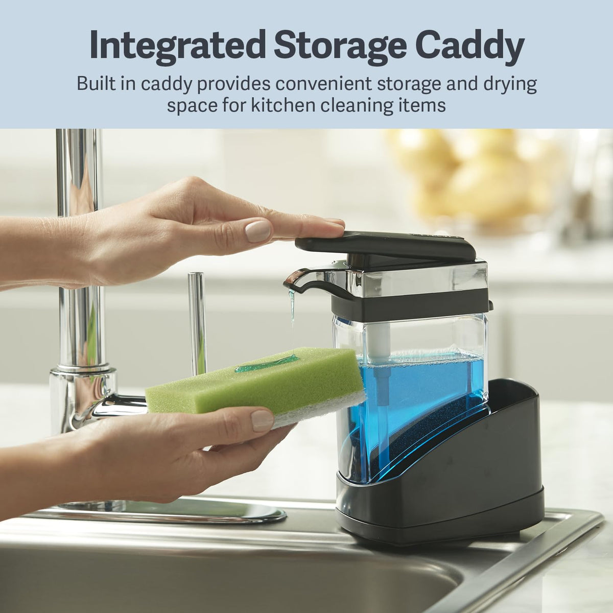 Casabella Sink Sider Solo Kitchen Soap Pump and Sponge Caddy, Black/Chrome - 2-in-1 Soap and Sponge Caddy, One-Hand Soap Dispensing, Ergonomic Design, Easy to Refill and Clean, Efficient Size