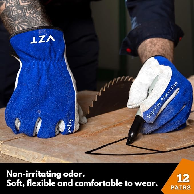 12 Pairs Bulk Leather Work Gloves for Men or Women for Construction, Wood cutting, Driving, Gardening, Automotive Repair, Water Resistant, Soft, Cowhide, Class 4 Abrasion Resistant, Blue-White, L