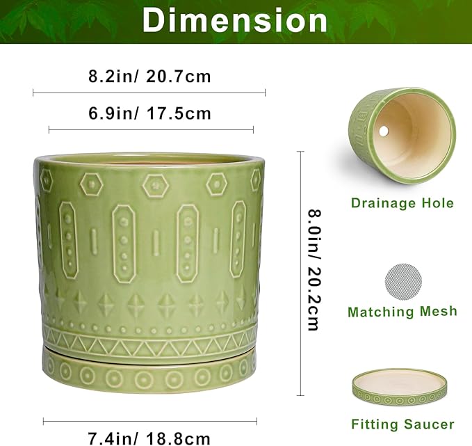 8 Inch Plant Pots - Ceramic Planter for Indoor Plants Outdoor, Round Ceramic Flower Pots with Drainage Hole and Saucer, Boho Decorative Planter, Home Bedroom Decor, Birthday Gifts, Green