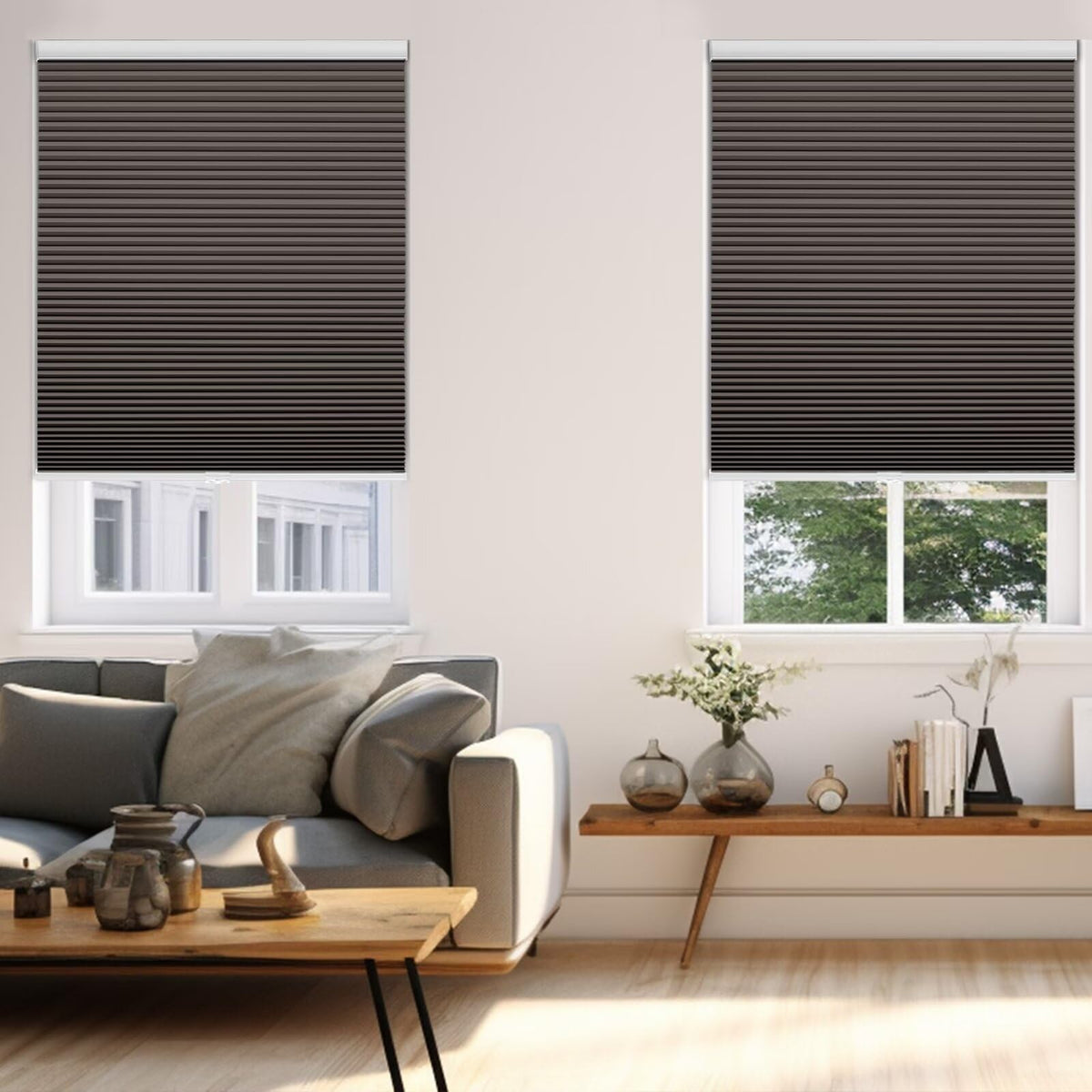 Blackout Cordless Cellular Shades for Windows,Honeycomb Blinds with Thermal Insulation,UV Protection,Child Safe,Privacy Light Control,Easy to Install,44" W x 72" H,Brown.