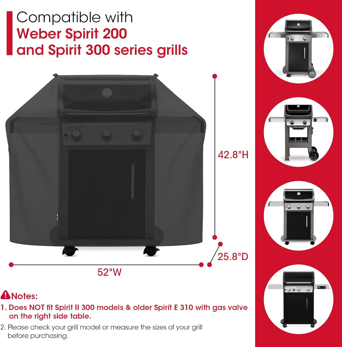 Unicook 52 Inch Grill Cover for Weber Spirit 200 and 300 Series, Gas BBQ Cover for Outdoor Grill, Heavy Duty Waterproof Fade Resistant, Compared to Weber 7106