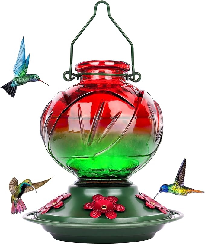 BOLITE Hummingbird Feeder, Glass Hummingbird Feeders for Outdoors Hanging, 22 Ounce, Five Feeding Ports with Perch, Peony Flower Shape, Red and Green, Gifts for Women Men, Gifts for Mom Dad