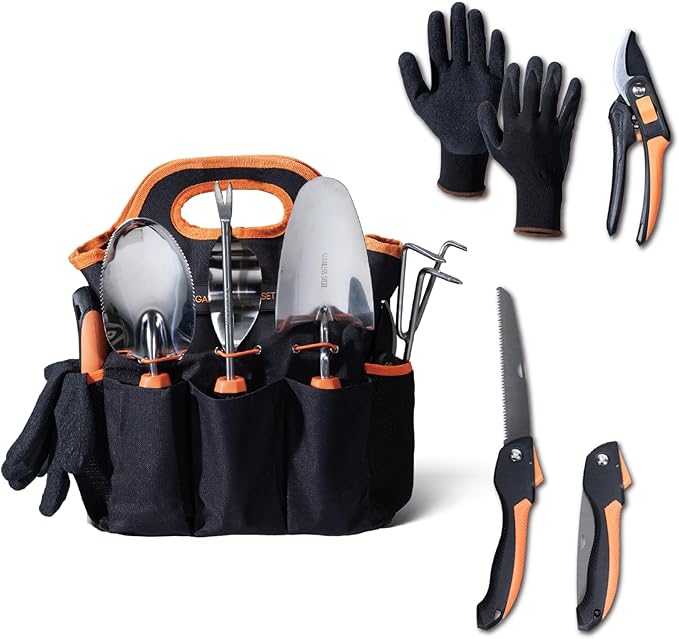 DTRK 8-Piece Large Garden Tool Set 304 Stainless Steel Garden Tool Kit with Handbag,Pruning Shears,Gloves Heavy Duty Gardening Hand Tools with Non-Slip Rubber Grip,Ideal Gifts for Women & Men Orange