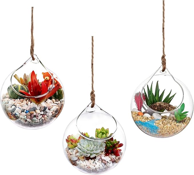 Ivolador Hanging Planter Glass Terrarium Container Air Plant Holder Succulents Globe Shape Home Garden Decor-4.7 Inches-3PCS