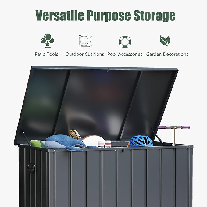 Domi Deck Box Outdoor 150 Gallon, Waterproof Lockable Steel Outdoor Storage Container for Outside Cushions, Garden Tools and Pools Equipment, Gray