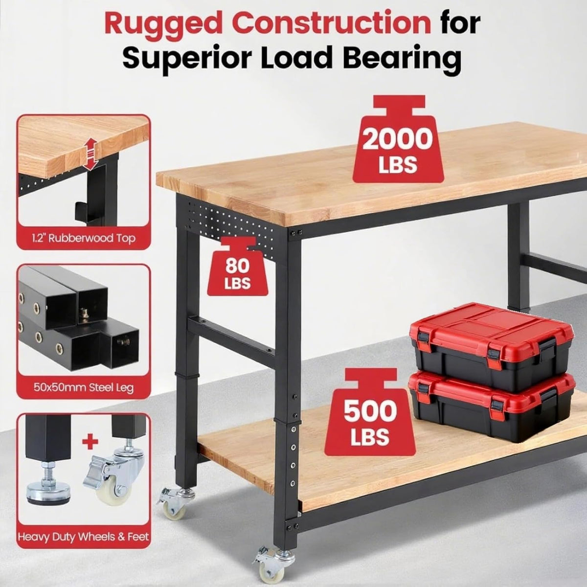 Workbench with Wheels 60 x 22 Heavy Duty Rubberwood Tabletop Work Bench Adjustable Height Garage Work Table with Under Table Shelf, Sided Pegboard, Power Outlets for Home Office
