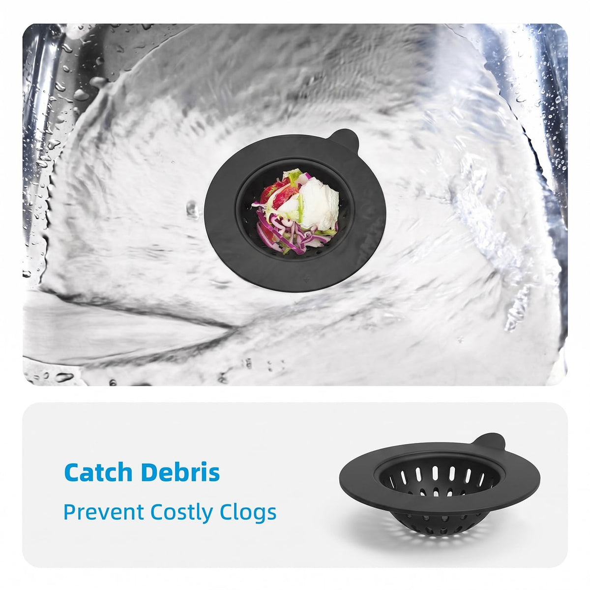 4 Pack Silicone Kitchen Sink Drain Catcher with Lid, 4.4" Top / 3" Mesh Basket, Grey Strainers for 3.1–3.9 Inch Openings, Anti-Clog Reusable Sink Stopper Covers, Odor-Proof & Easy to Clean-Black