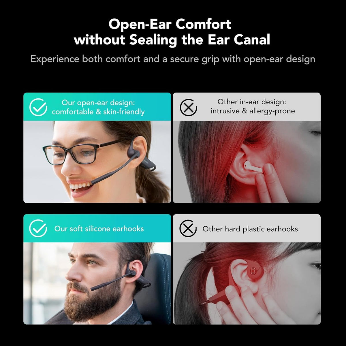 NUROUM OpenEar Pro Headphones with Mic, ENC Noise Cancelling Microphone, Bluetooth 5.3 Multi-Point Connection, Sweatproof Wireless Headset for Work, 15H Comfort for Driving, Office, Workout OW20B-C