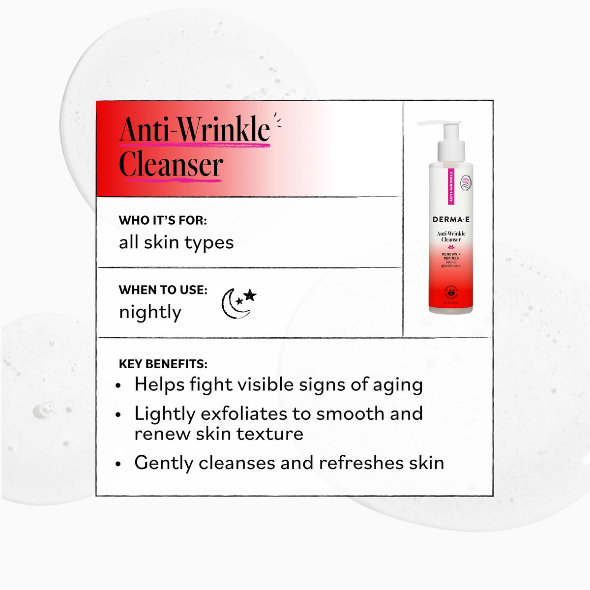 DERMA E Anti-Wrinkle Cleanser for Nighttime with Glyolic Acid, 6 Fl Oz