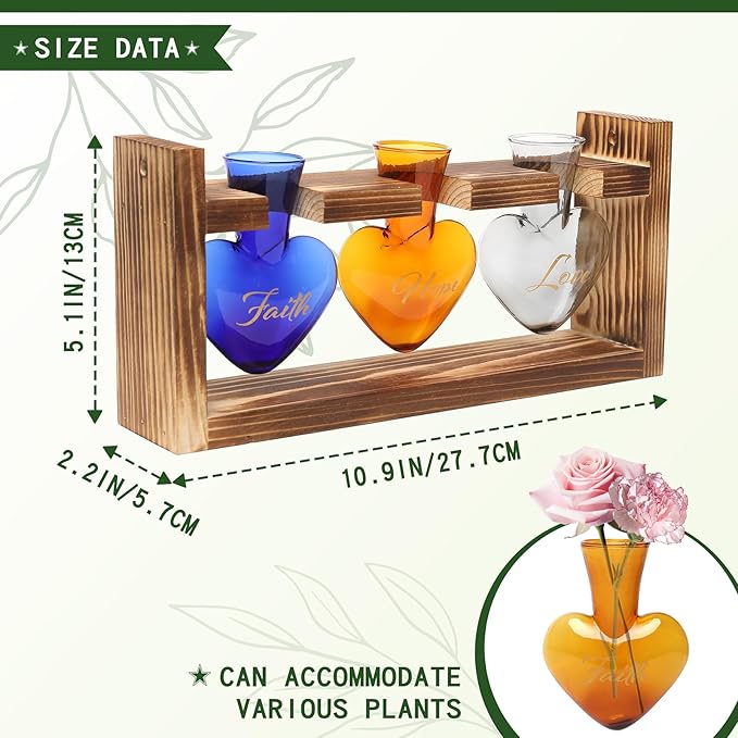 Plant Terrarium Propagation Stations Faith Hope Love Hydroponics Home Garden Decoration Gift for Women with Wooden Stand Heart Shaped Colored Glass Vase
