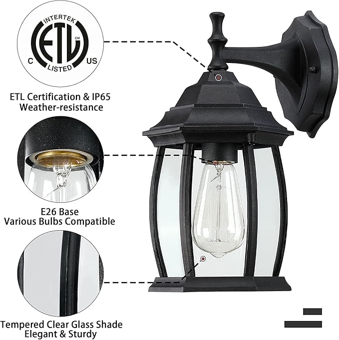 Pia Ricco Outdoor Wall Lights, Textured Black Exterior Light Fixtures with Clear Glass Shade, Waterproof Front Porch Lighting, Modern Sconces Lantern for Outside, House, Garage, E26 Socket, ETL Listed