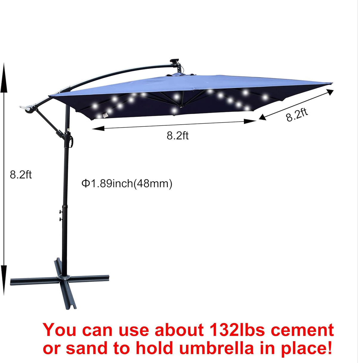 8x8FT Patio Umbrella, Outdoor Offset Umbrella with Cross Base and Crank, Square Cantilever Umbrella with Solar Lights, Hanging Market Umbrella with 8 Rids for Pool, Deck, Backyard (Navy Blue)