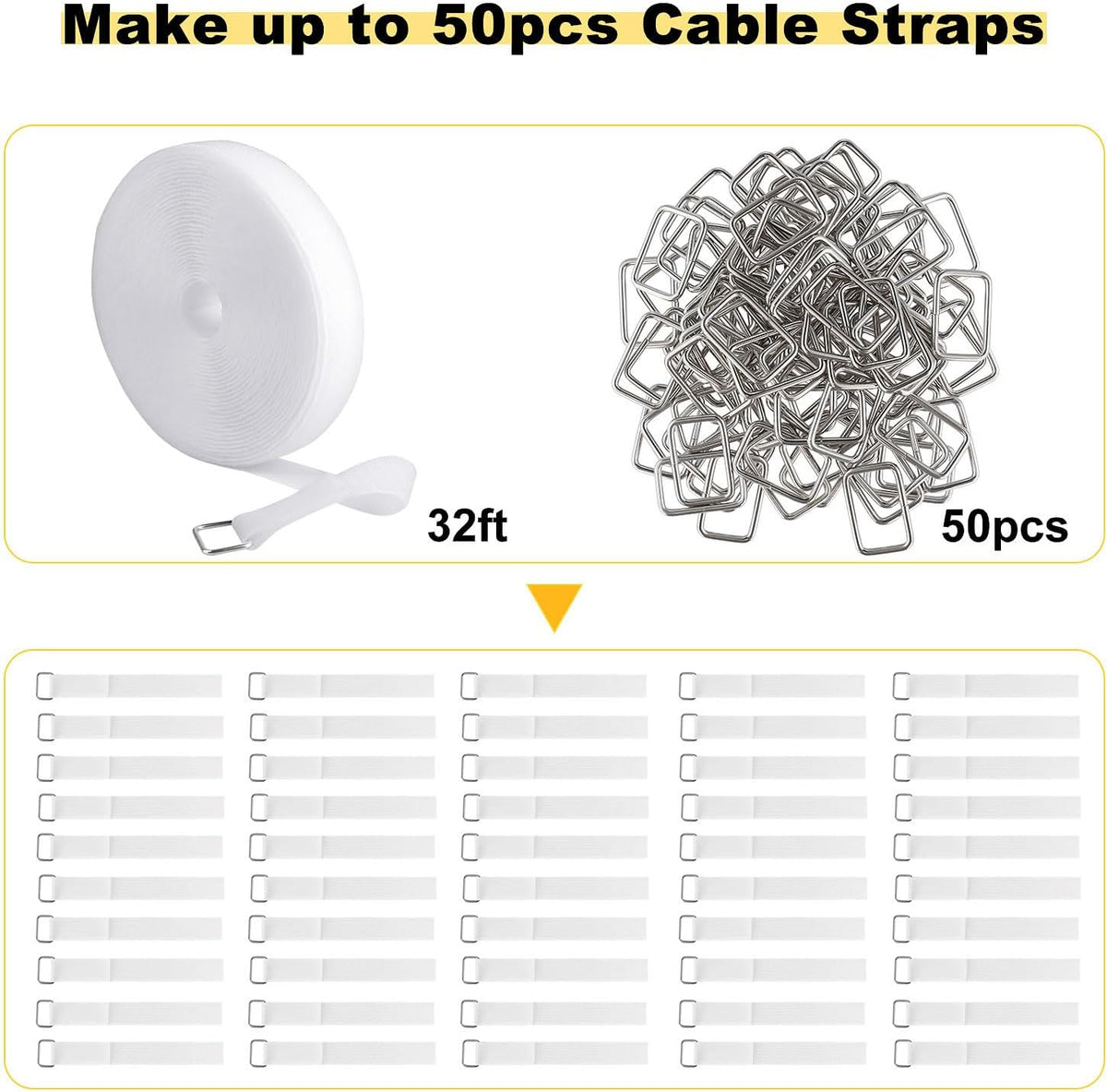 1"x32ft Hook and Loop Straps with 50 Metal Buckles, Adjustable Fastening Cable Straps, Cut-to-Length Cinch Strap, Reusable Nylon Securing Cord Ties for Organizer or Storage, 1 inch Wide, White