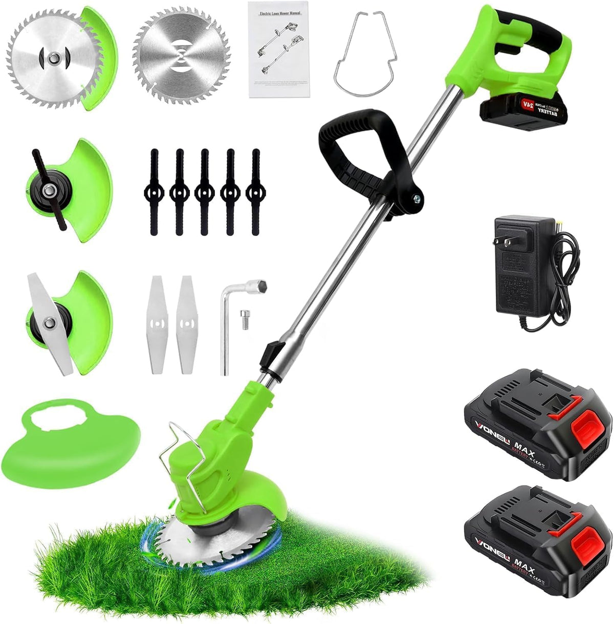 Electric Weed Wacker Cordless stringless,Grass Trimmer,with 2 Batteries, 1 Charger, 3 Types Blades, Weed Wacker Eater Battery Powered Lightweight Battery Weed Trimmer for Yard and Garden
