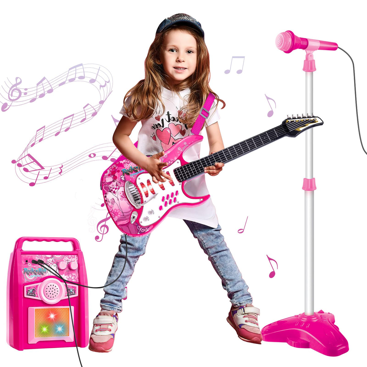 deAO Kids Electric Musical Guitar Toy Set with Mic & Amp,Lights & Sounds