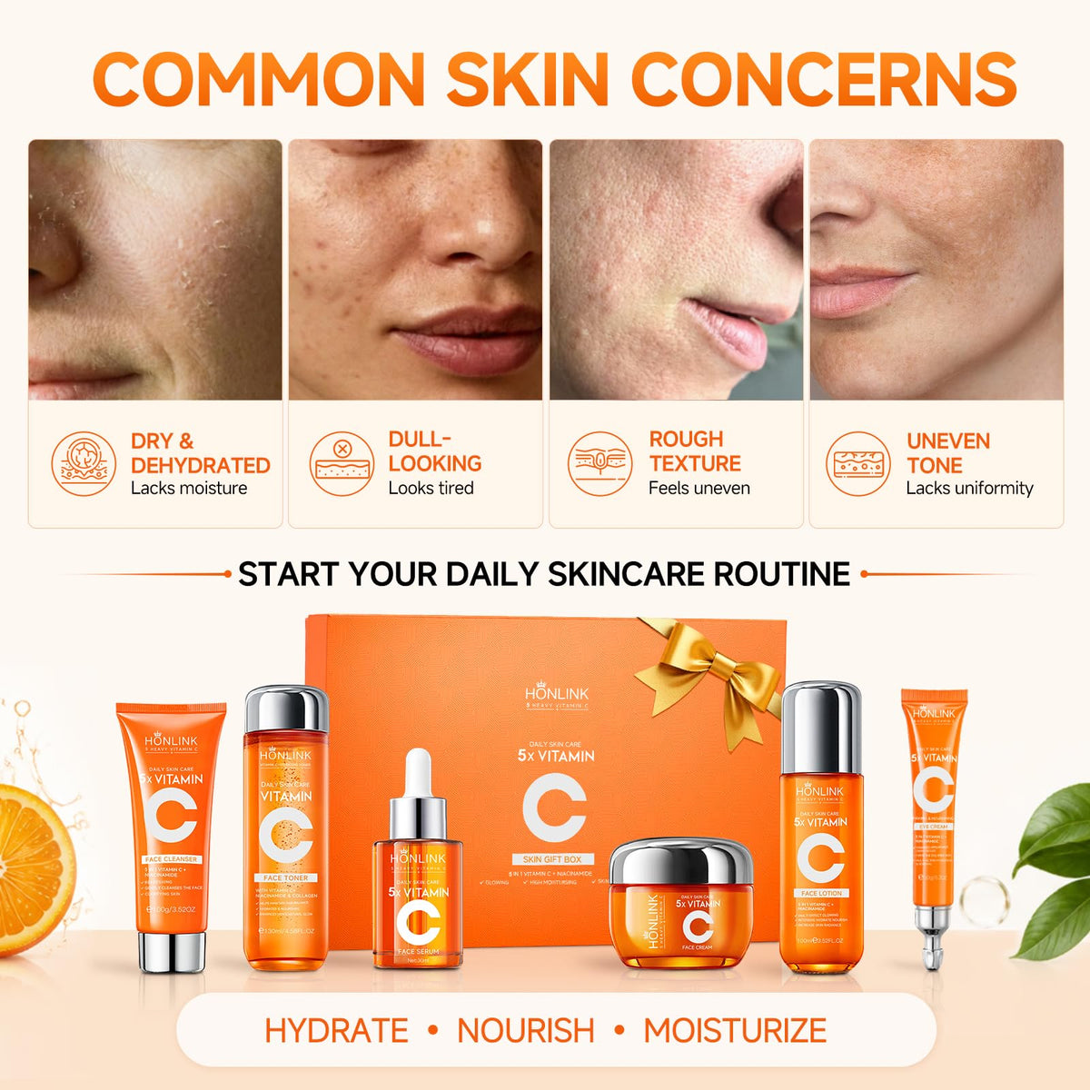 Vitamin C Niacinamide Skincare Set, Daily Facial Care Routine with 6-Piece