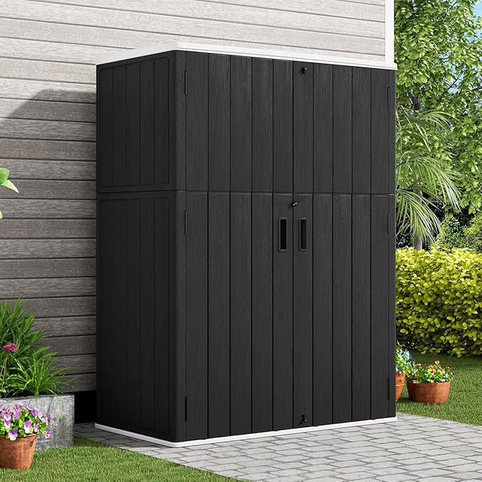 KINYING Outdoor Vertical Storage Shed,57 Cu.ft Outdoor Storage Cabinet Waterproof,Resin Sheds & Outdoor Storage Clearance for Garden,Patio,Backyard,Lockable (Black)