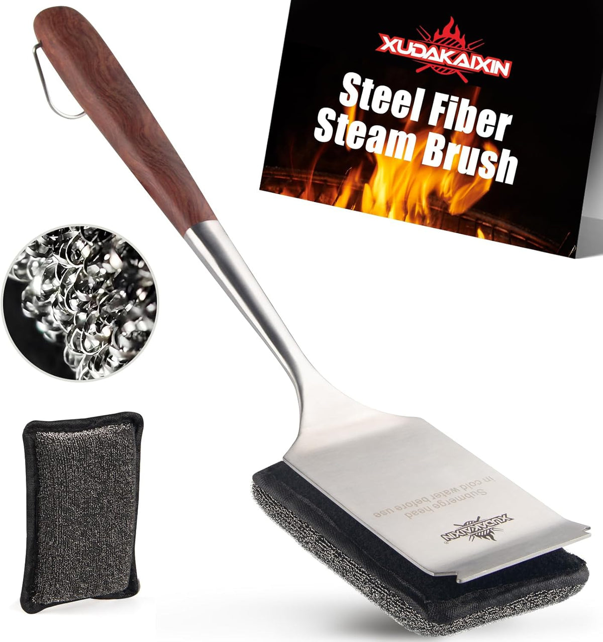 Bristle-Free Steam Cleaning Grill Brush,with Extended Luxurious Rosewood Handle and 1 Replacement Head,BBQ Grill Cleaning Brush Kit,Safe Grill Cleaner for Outdoor Grill,Gifts for Men/Dad