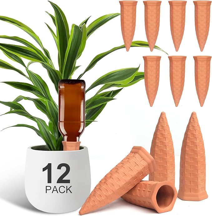 Plant Self Watering Stakes 12 Pack Terracotta Watering Spikes for Indoor and Outdoor Plants,Wine Bottle Plant Watering Devices, Automatic Plant Waterers for Vacation
