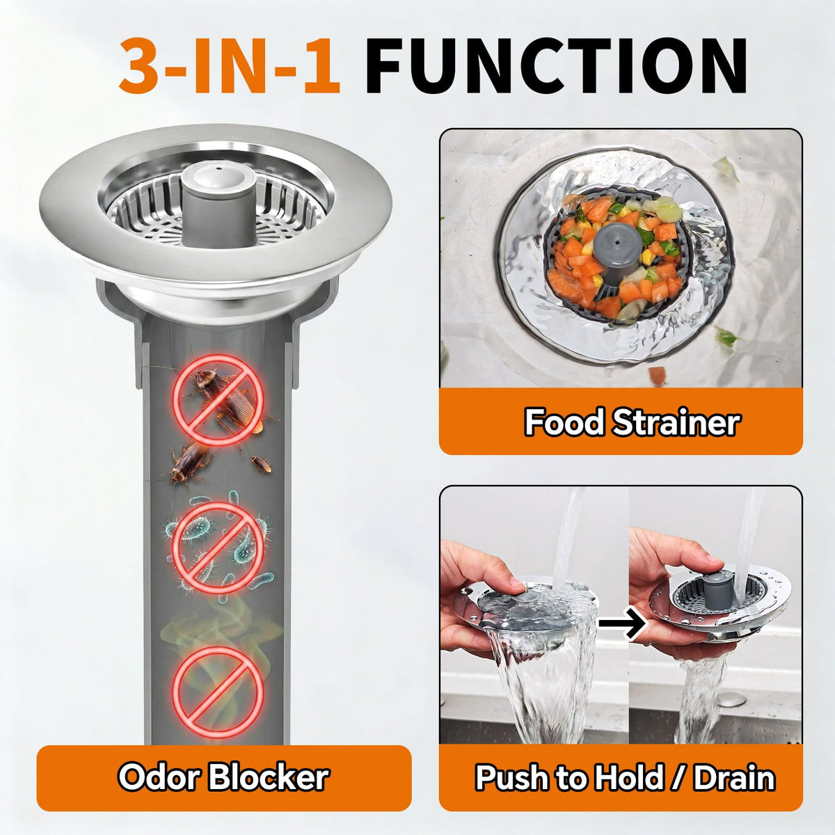 Blazeavian Solid Brass Body 3-in-1 Kitchen Sink Drain Strainer & Stopper, Heavy Duty Pop Up Plug Assembly with 2 Baskets, Anti-Clog Replacement for US Standard 3-1/2 Inch Drains, Rust-Proof Silver