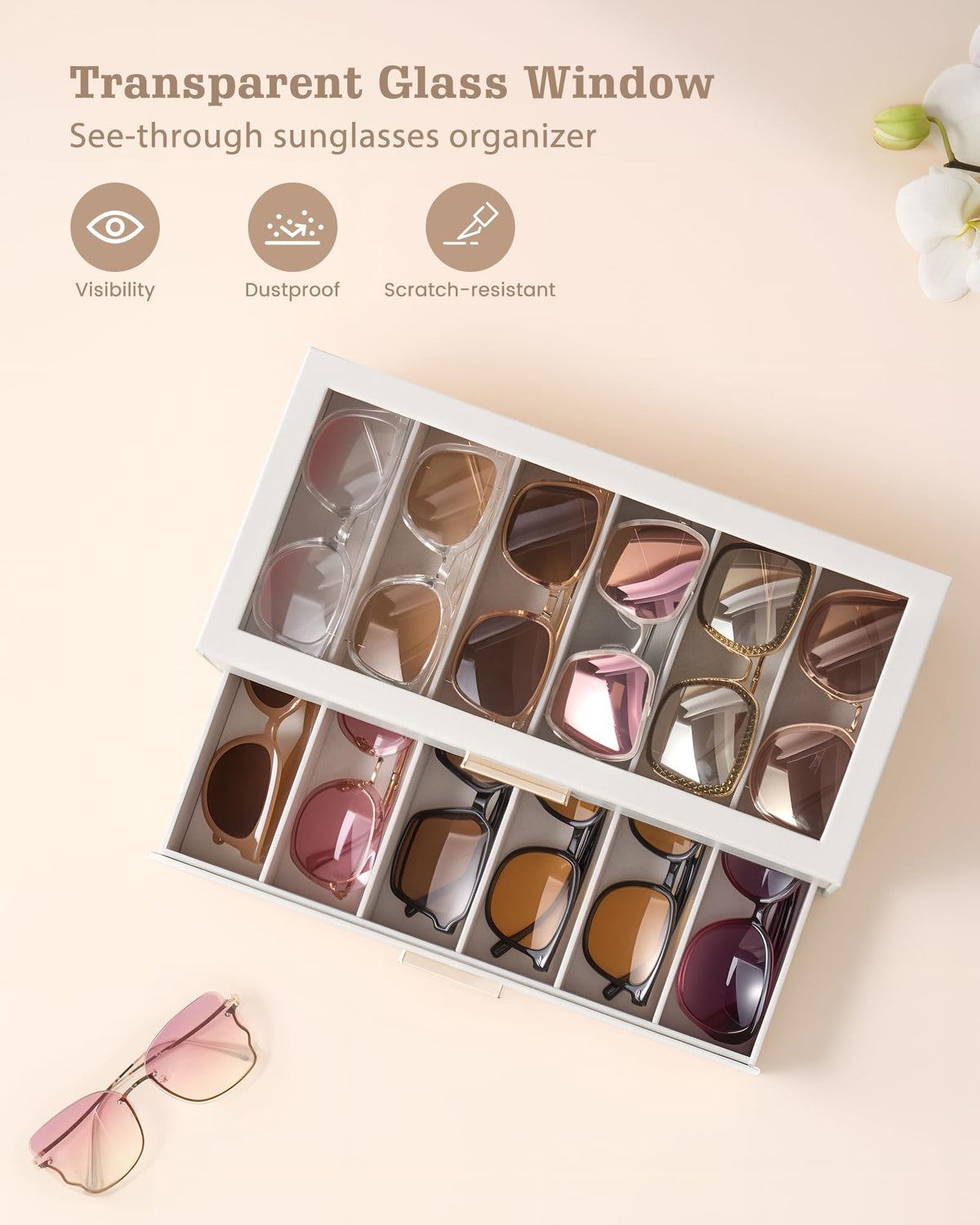 Lolalet 12 Slots 2-Layer Sunglasses Organizer for Women -Beige