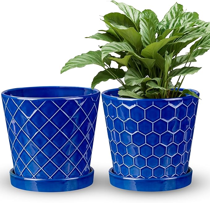 EFISPSS 6 Inch Pots for Indoor Plants,Ceramic Plant Pots,Planters with Drainage Hole and Saucer, Flower Pots Desktop Office Windowsill Decoration Gift Set of 2 - Sapphire Blue