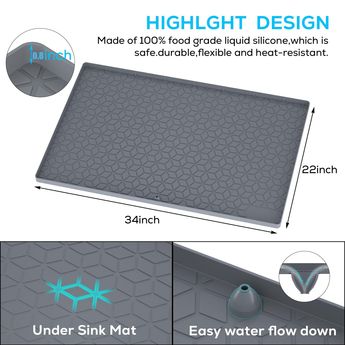 Under Sink Mats 34"x22" for Kitchen, Silicone Waterproof Liner, Sink Silicone Tray with Drain Hole, Storage and Organizers, Cabinet and Counter Protector,Litter Mat, Pet Cat Puppy Essentials