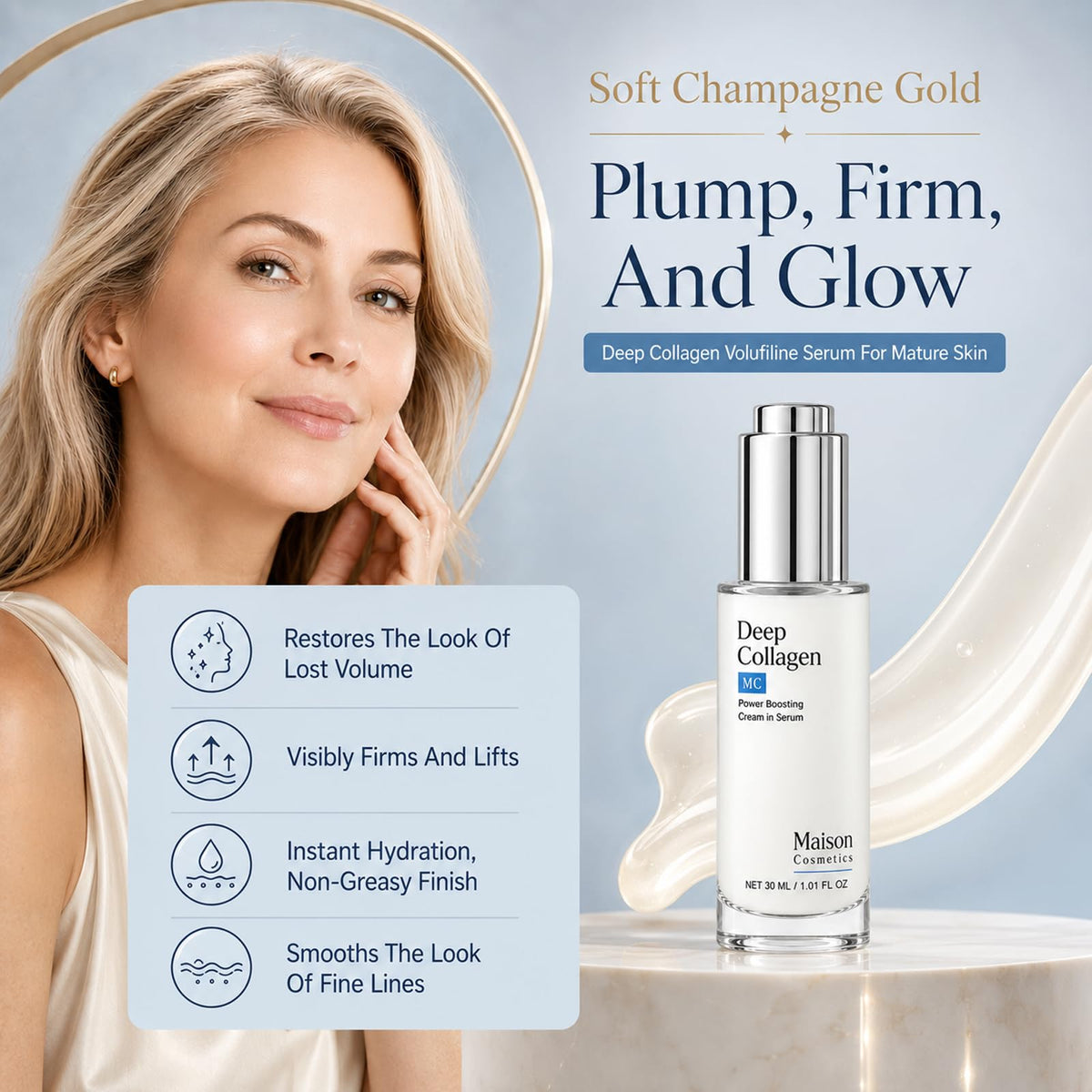 Maison Cosmetics Deep Collagen Volufiline Korean Skin Care Collagen Serum with Hydrolyzed Collagen, Sodium Hyaluronate & Vitamin E - Plumping, Firming & Instant Hydration for Mature Skin, Glow, 30 ml