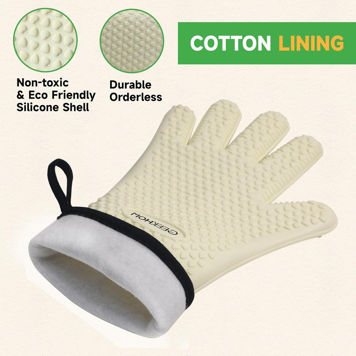 GEEKHOM BBQ Gloves Heat Resistant Oven Mitts - Silicone Grilling Gloves with 14" Long Arm Protection - Waterproof Pot Holder Non-Slip for Men & Women, Kitchen Cooking, Baking, Camping, Beige