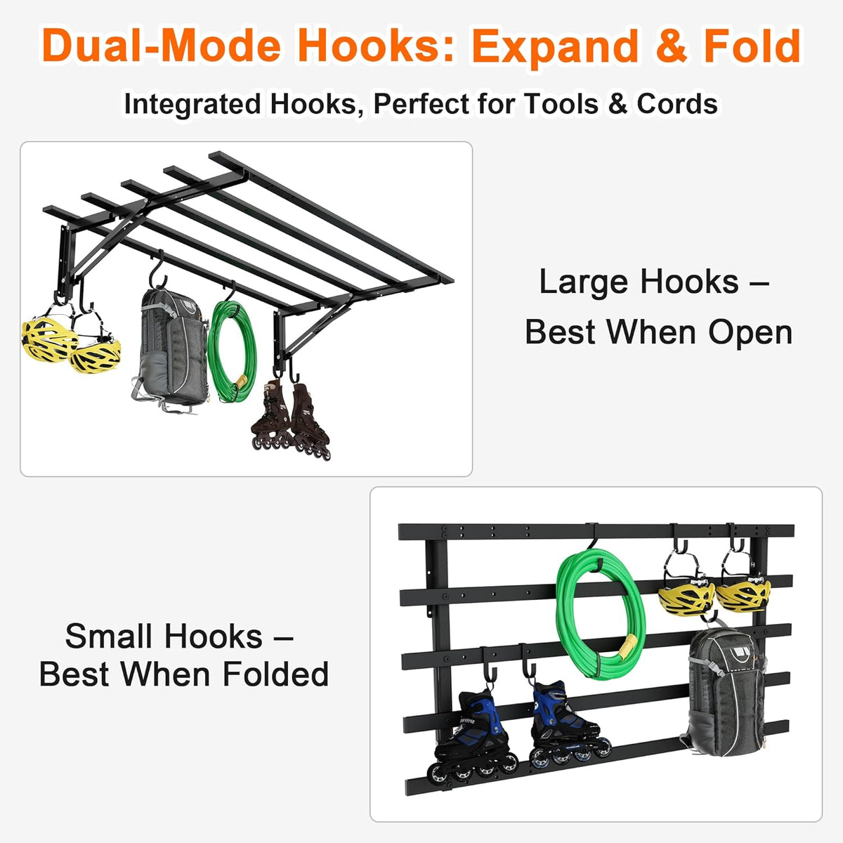 4-Pack Garage Storage System Shelves 3.21x1.64 ft - Compact Folding Wall Shelves for Garage, Sturdy Metal Wall Shelving with Hooks, Versatile Metal Hanging Shelf Design, Sleek Floating Black Shelf
