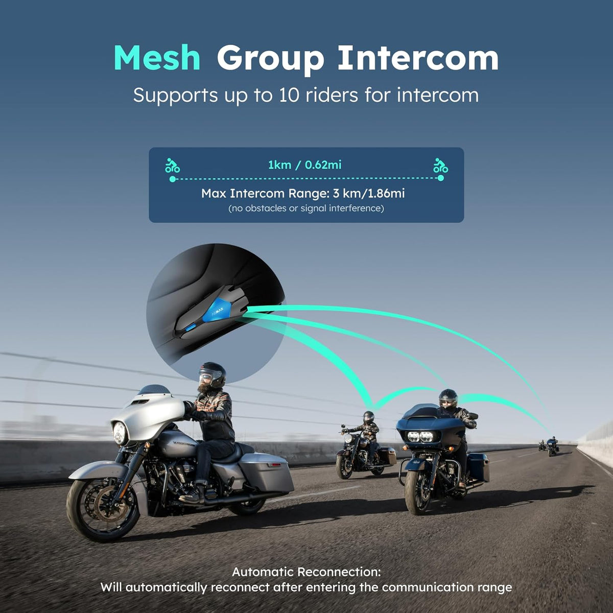 Z1 Motorcycle Intercom - 3-Mode Communication for 10 Riders, Dual-Chip Audio Multitasking, Offline Voice & App Control, Bluetooth Helmet Headset with HiFi Speakers, 2 Packs