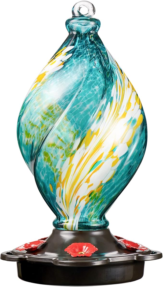 LUJII Ice Cream Shaped Spiral Hummingbird Feeder for Outdoors Hanging, Hand Blown Glass, 28 fl.oz, Leak Proof & Rustproof, Includes an Ant Moat with Hook, Unique & Stylish Glass Art & Decor (Teal)