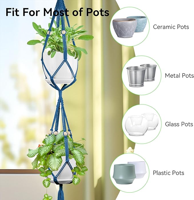 USLAI Macrame Plant Hanger Indoor Outdoor, Up to 4-15 inch Pot, Heavy 20lb Planters, Extra Long Strong Hanging Planter Basket Holder, Boho Home Decor, 49+72 Inch, Blue (POTS NOT Included)