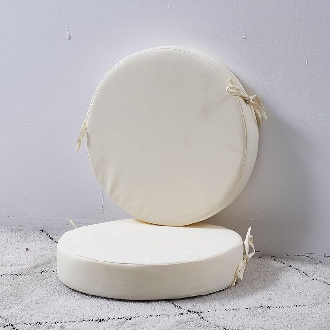 15 x 15 Inch Round Cushions for Outdoor Furniture Non-Slip Waterproof Patio Bistro Chair Cushion with Ties Bar Stool Seat Cushion for Kitchen Chairs Set of 2, Beige