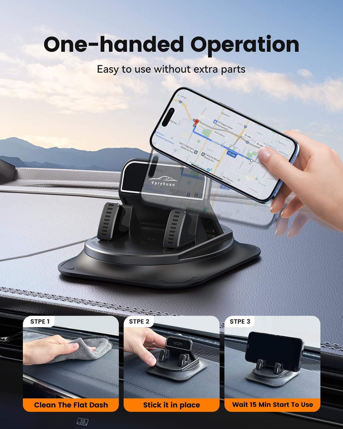 Vpryhuan 360 Degree Rotation Dashboard Phone Holder for Car, Anti-Slip Grips & One-Hand Operation Car Cell Phone Mount with Adjustable Spring Clip, Compatible with iPhone Samsung All Smartphones