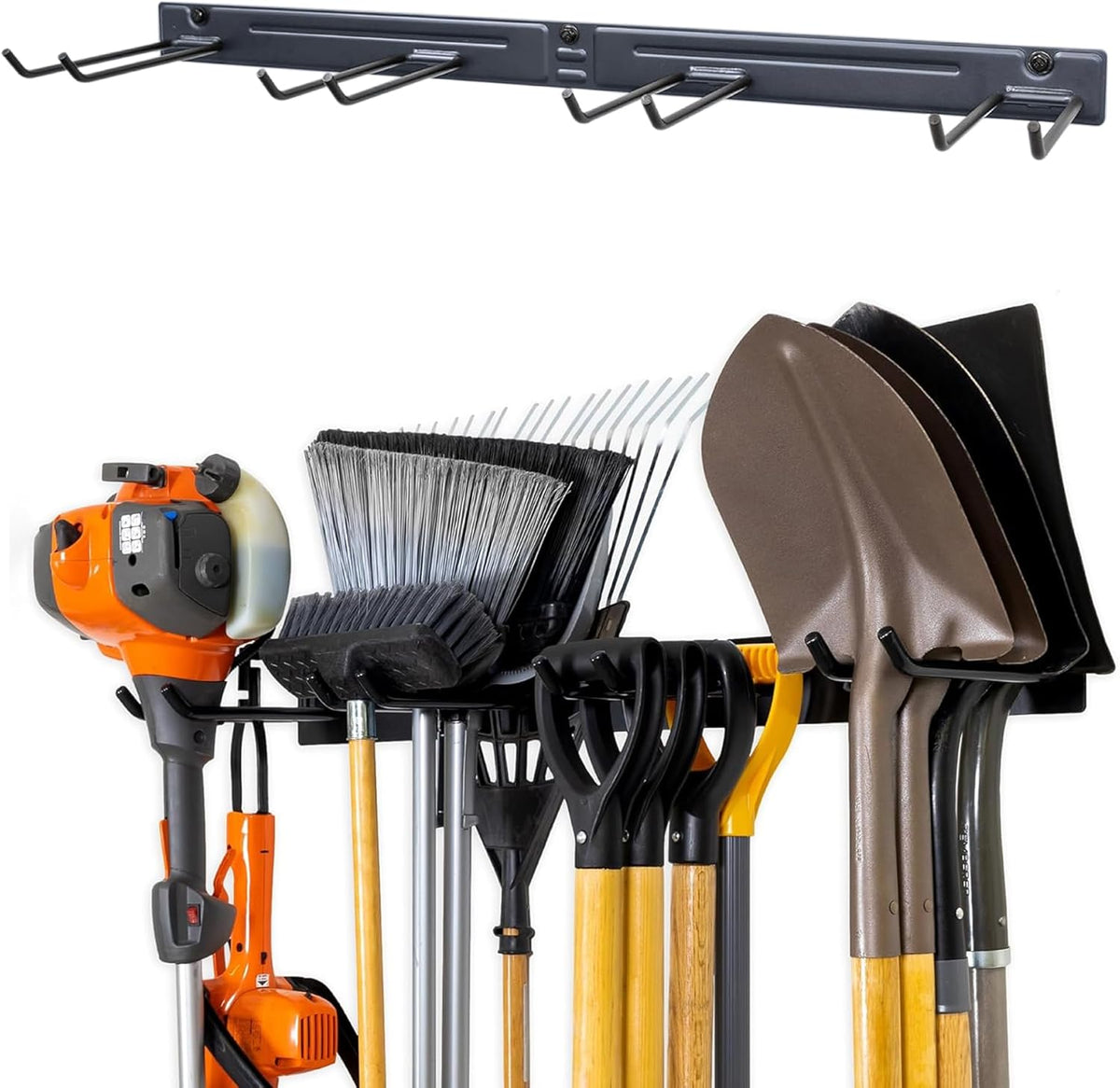 StoreYourBoard Wall-Mounted Rack With 4 Garage Hooks – Heavy-Duty Steel Holder Garage & Garden Storage for Shed, Workshop, or Home Organization – For Rakes, Shovels, Tools & More – 1 Pack, Deep Water