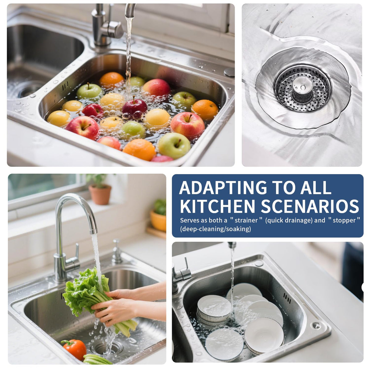 3-in-1 Kitchen Sink Drain Strainer - Pop Up Sink Stopper, Stainless Steel Sink Drain Strainer, Kitchen Sink Stopper & Drain Plug with Anti-Clogging Basket,Sink Strainer Fits US Standard 3-1/2'' Drains
