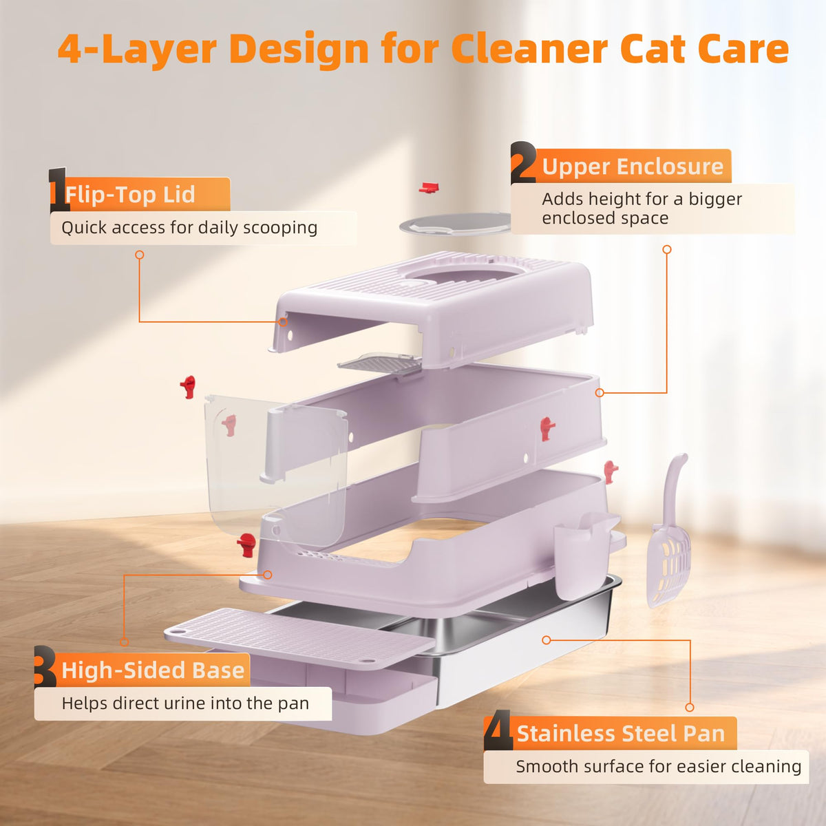 4-in-1 Stainless Steel Cat Litter Box with Flip Lid and High Sides, Lilac
