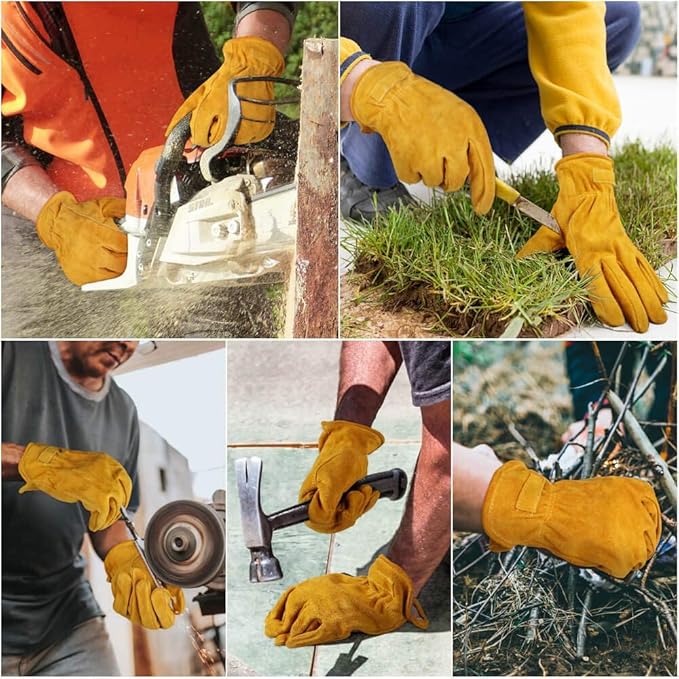 OZERO Leather Work Gloves Flex Grip Tough Cowhide Gardening Glove for Men and Women (Large, Gold With Mesh Linning)