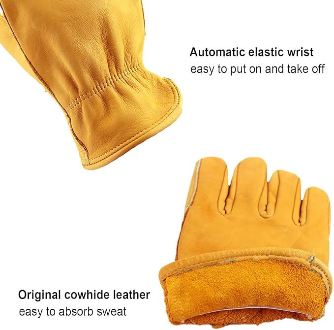 OZERO Leather Work Gloves for Men: 3 Pairs Cowhide Working Gloves Abrasion Resistant Driver Glove for Heavy Duty Yard Work DIY Women Gardening Glove Gold Large