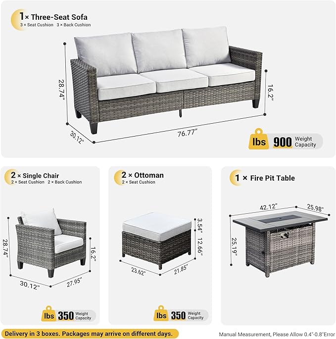 ovios 6 Pieces Patio Furniture Set with 42" Fire Pit Table, Outdoor Wicker Sofa with Comfy Cushions, All Weather High Back Rattan Couch Conversation Set, Grey